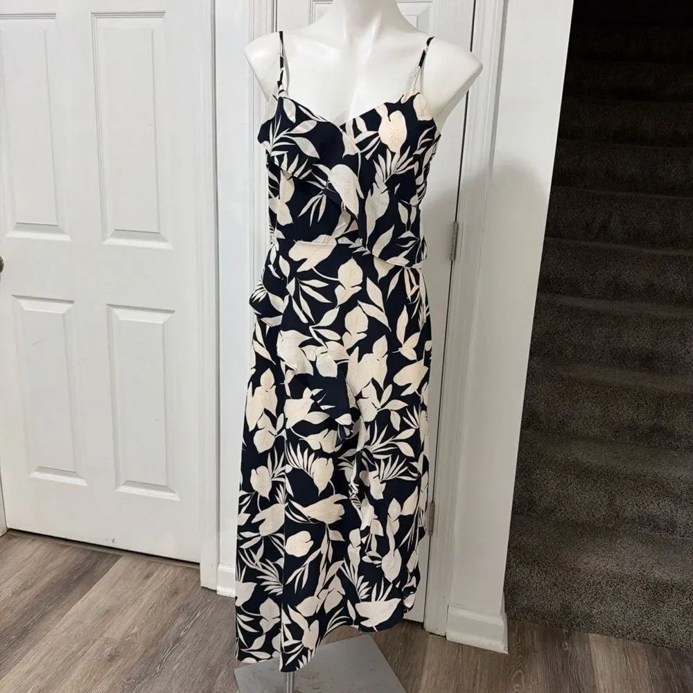Banana Republic Black and Cream Leaf Print Midi Dress NWT